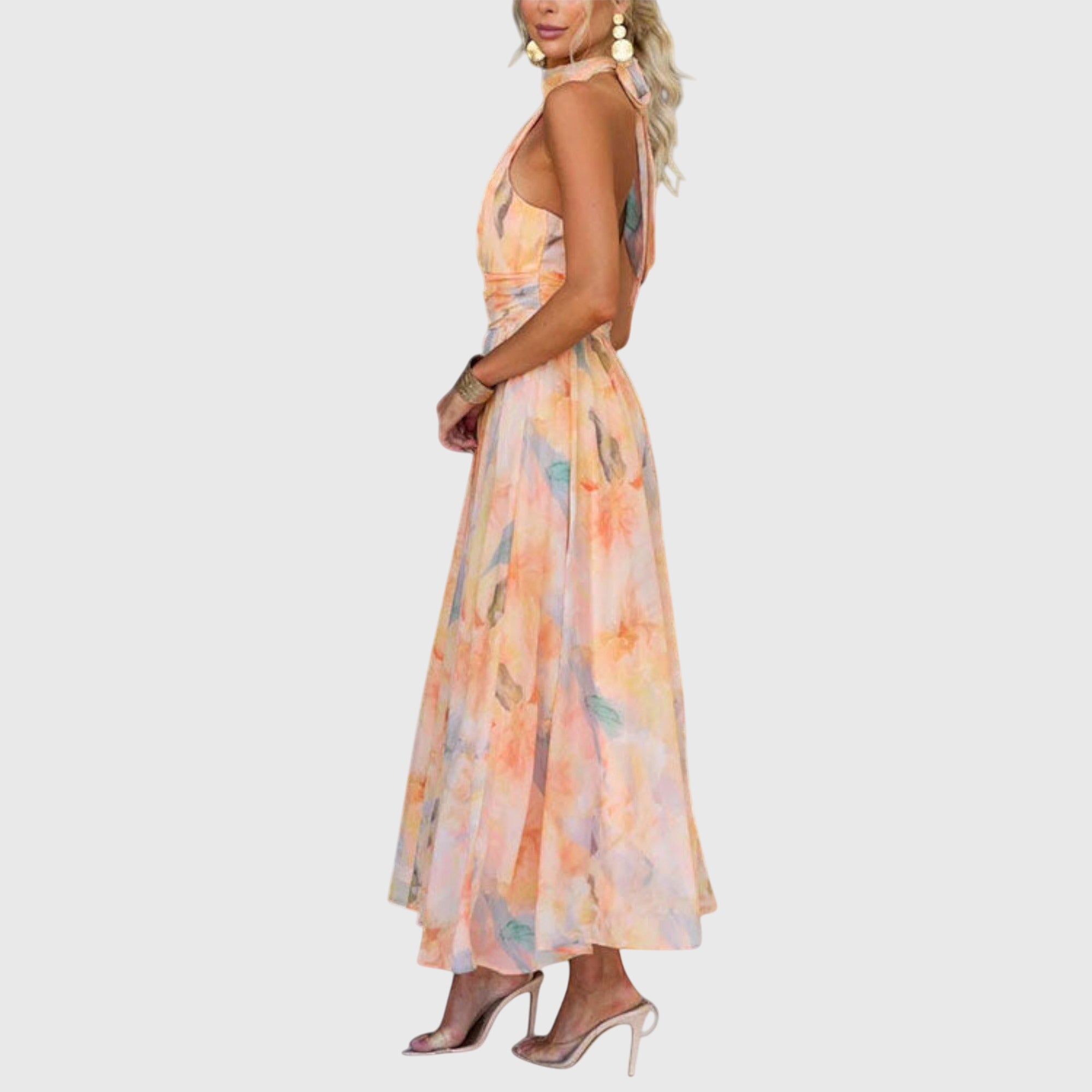 Women's Maxi Dress Halter Neck Watercolor Print Casual