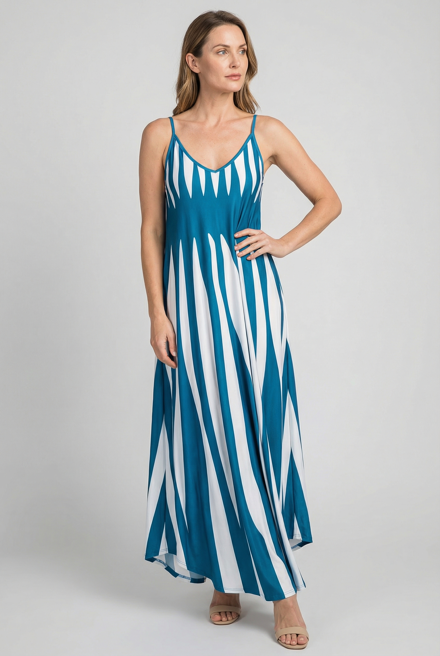 Women's Maxi Dress V-Neck Vertical Stripes Lightweight Summer