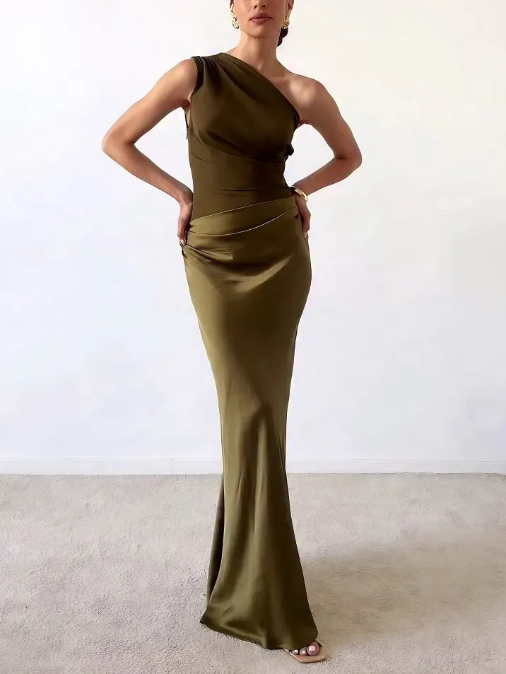 Women's Maxi Dress One Shoulder Pleated Long Length