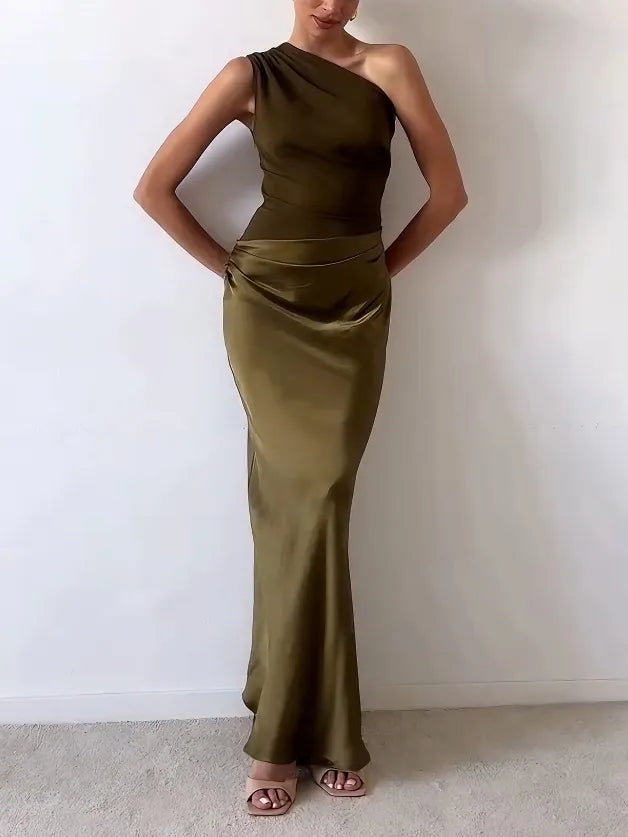 Women's Maxi Dress One Shoulder Pleated Long Length