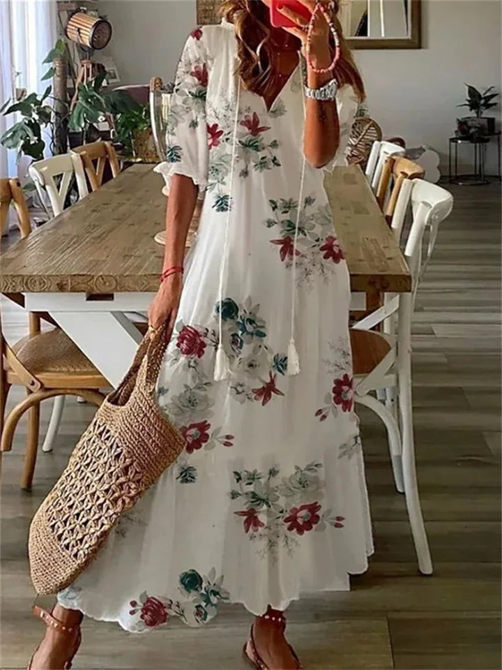 Women's Floral Maxi Dress V-Neck A-Line Summer Casual