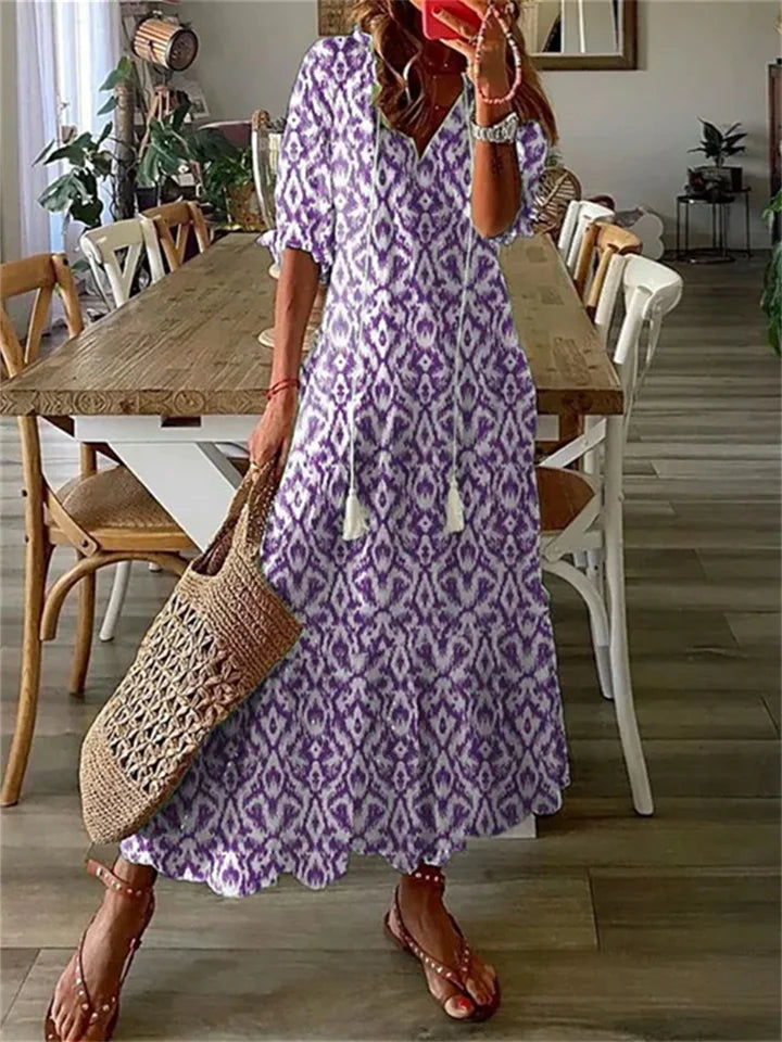 Women's Floral Maxi Dress V-Neck A-Line Summer Casual
