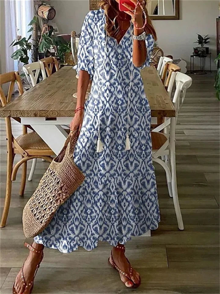Women's Floral Maxi Dress V-Neck A-Line Summer Casual