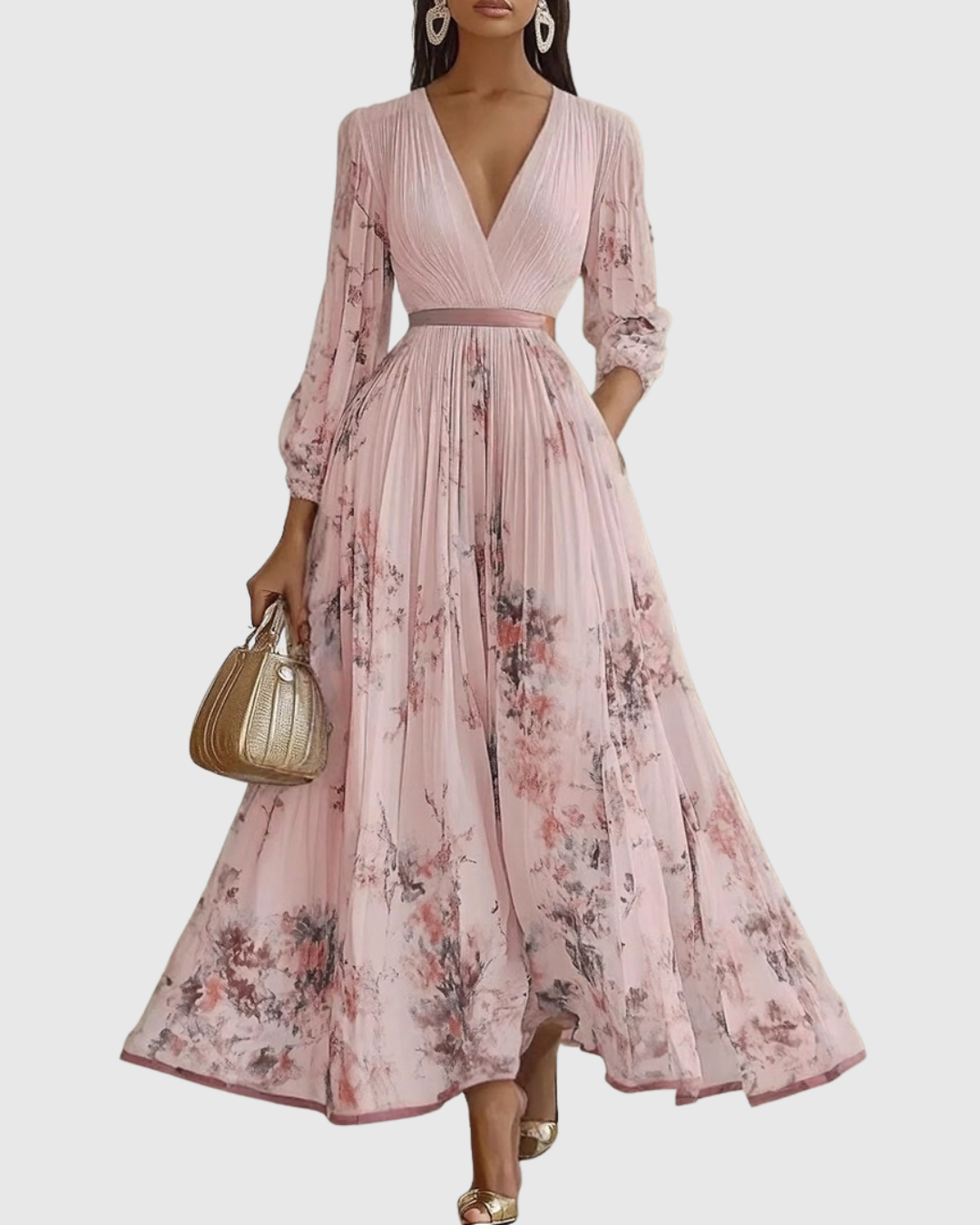 Women's Floral Maxi Dress V-Neck Long Sleeve