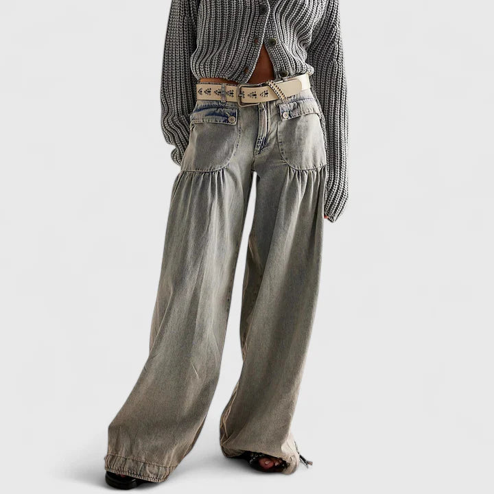 Women's Pants Wide Leg Design Double Pleated Pockets Lightweight Fabric Casual