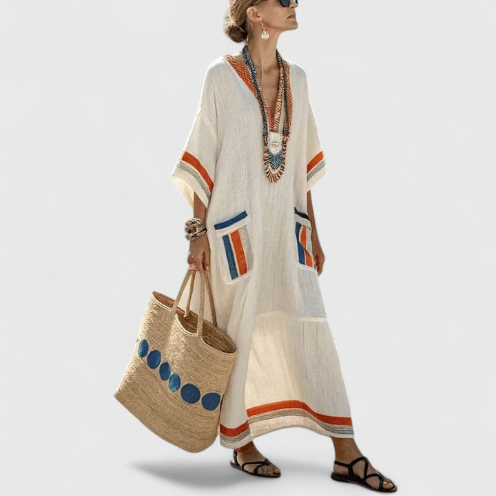 Women's Bohemian Maxi Dress V-Neck Pockets