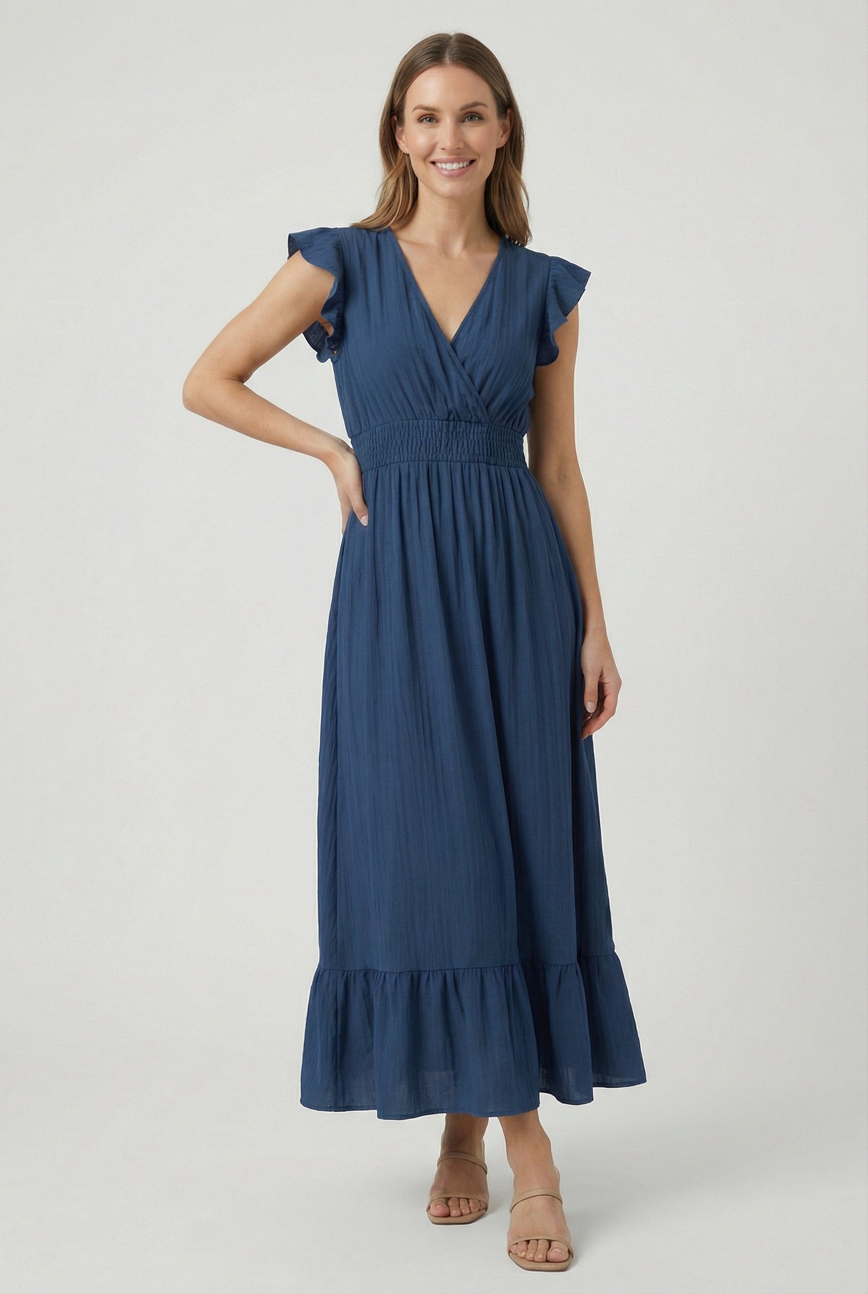 Women's A-Line Dress Deep V-Neck Ruffled Sleeves Cotton-Polyester Blend Formal Dress