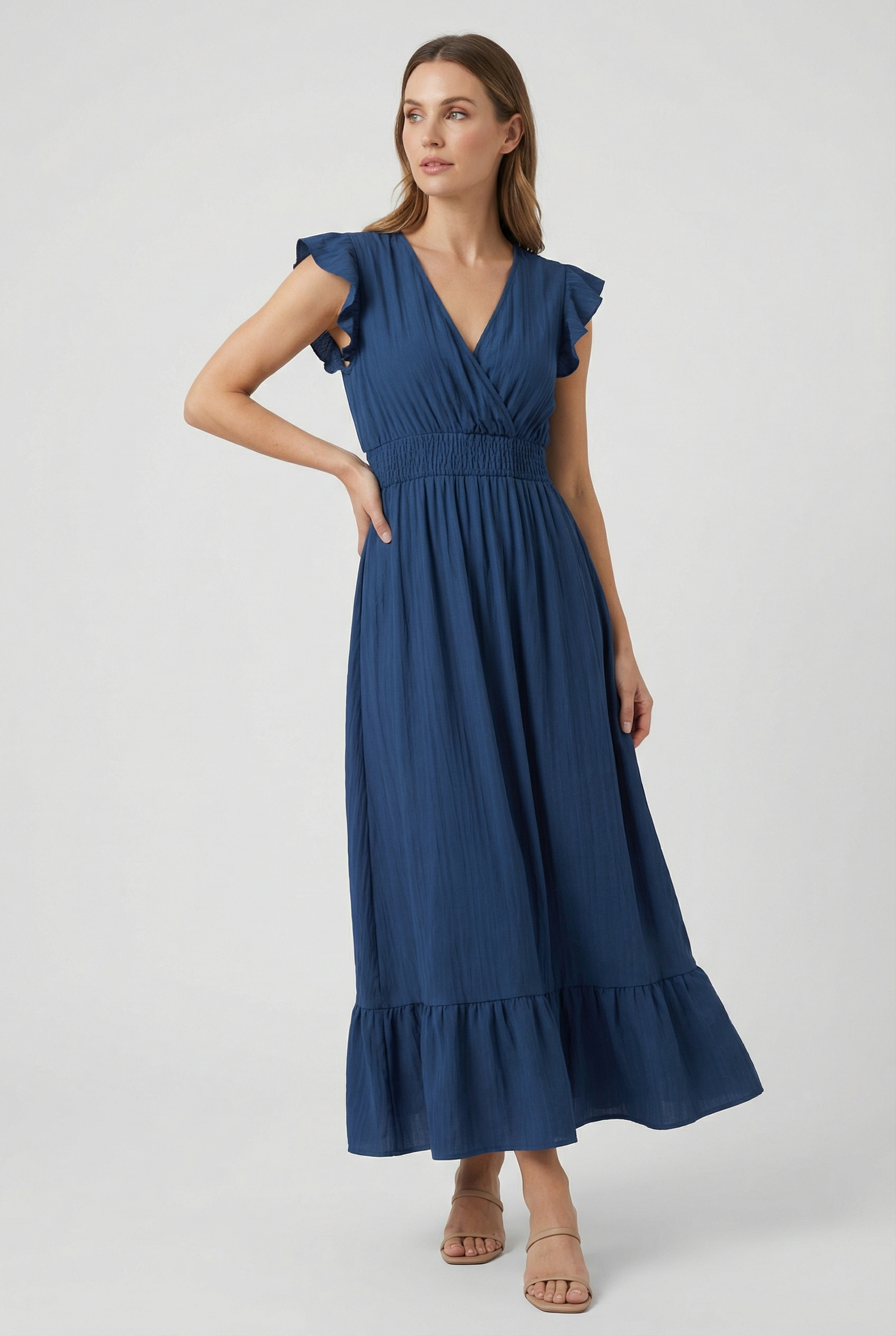 Women's A-Line Dress Deep V-Neck Ruffled Sleeves Cotton-Polyester Blend Formal Dress
