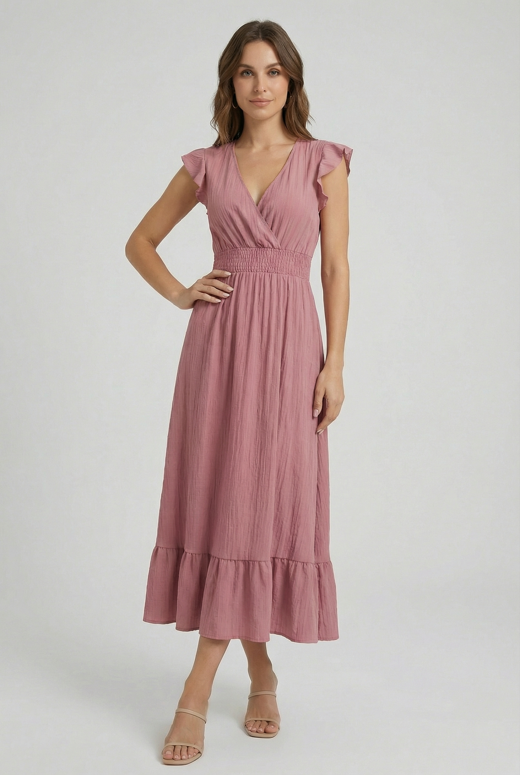 Women's A-Line Dress Deep V-Neck Ruffled Sleeves Cotton-Polyester Blend Formal Dress