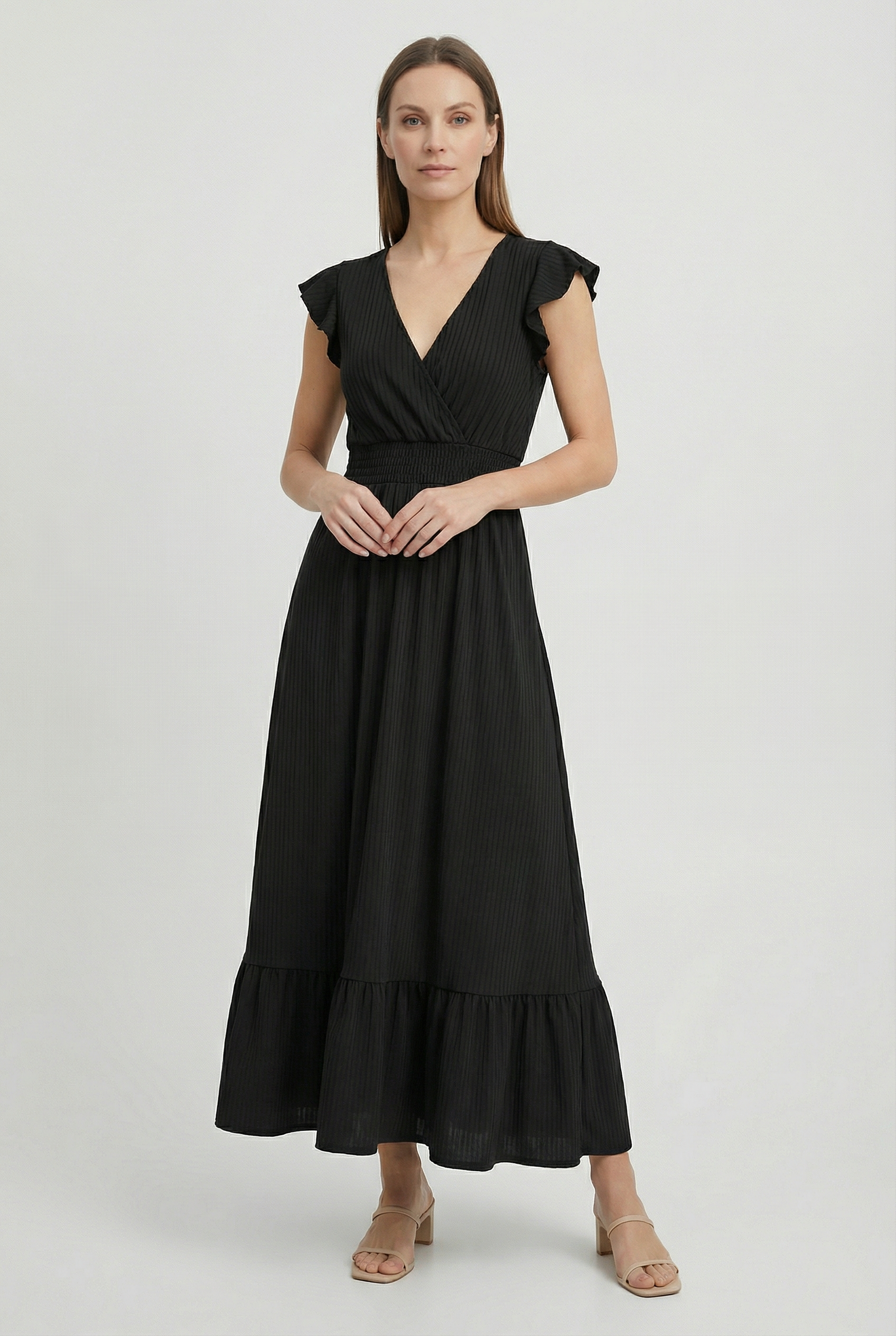 Women's A-Line Dress Deep V-Neck Ruffled Sleeves Cotton-Polyester Blend Formal Dress