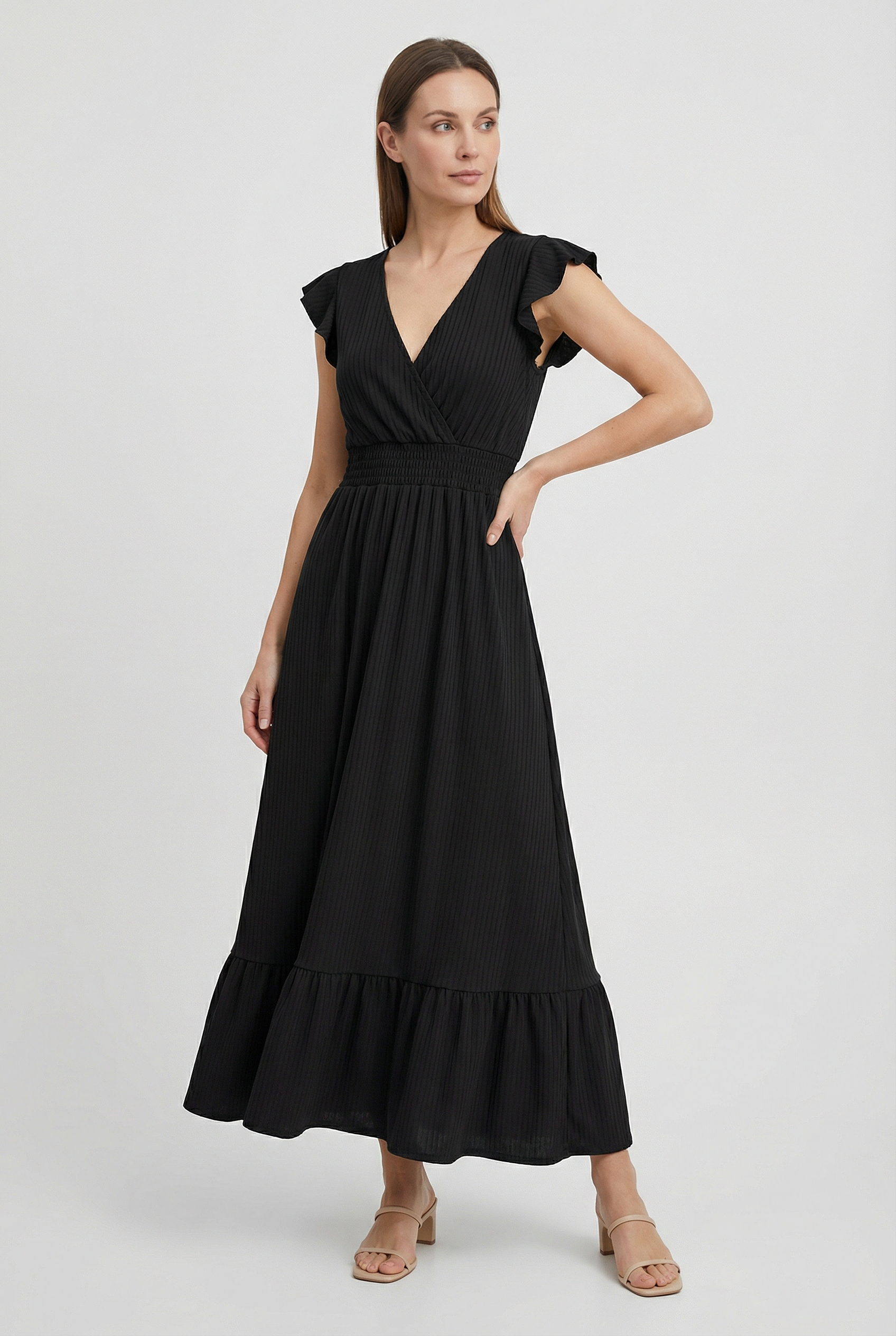 Women's A-Line Dress Deep V-Neck Ruffled Sleeves Cotton-Polyester Blend Formal Dress