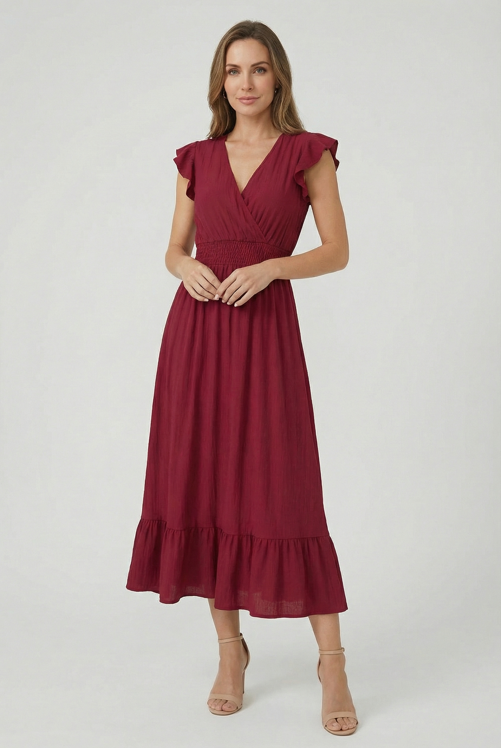 Women's A-Line Dress Deep V-Neck Ruffled Sleeves Cotton-Polyester Blend Formal Dress