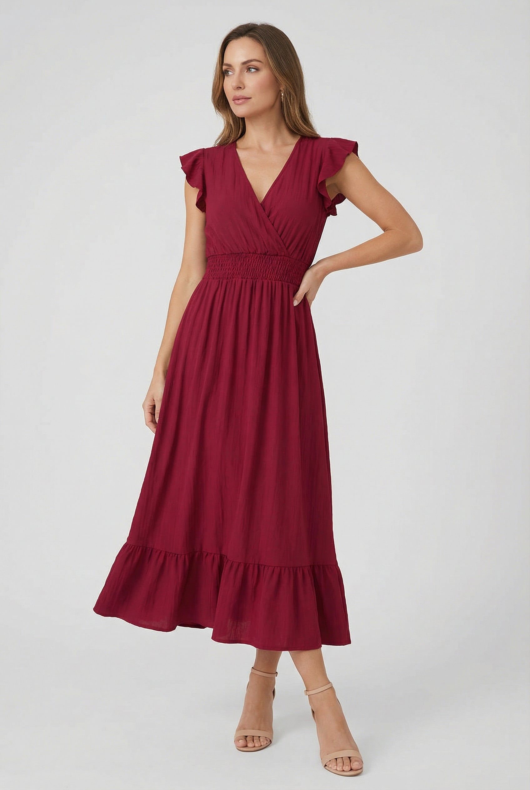 Women's A-Line Dress Deep V-Neck Ruffled Sleeves Cotton-Polyester Blend Formal Dress