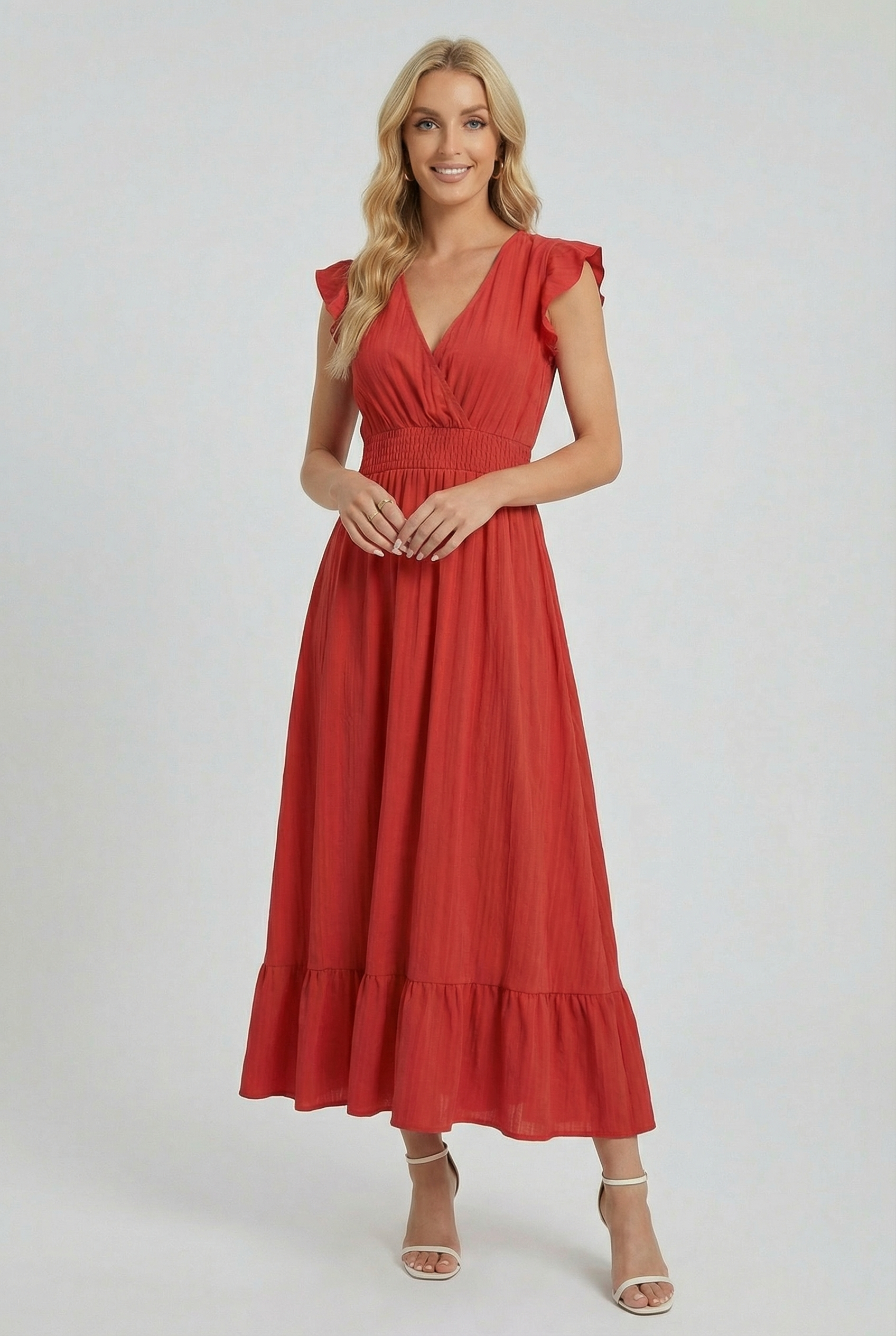 Women's A-Line Dress Deep V-Neck Ruffled Sleeves Cotton-Polyester Blend Formal Dress