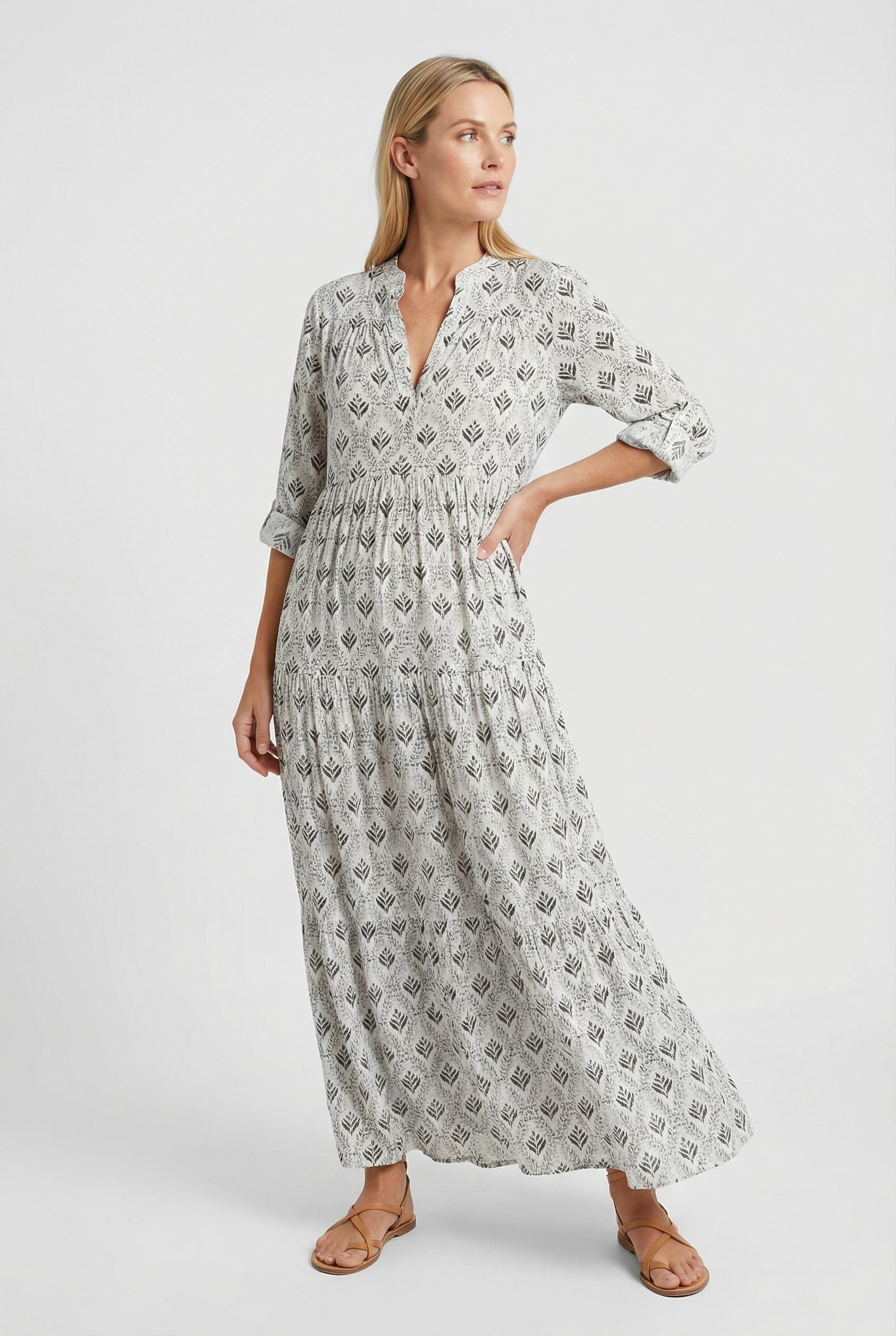 Women's Casual Dress V-Neck 3/4 Sleeve Vintage Print Cotton Summer Dress