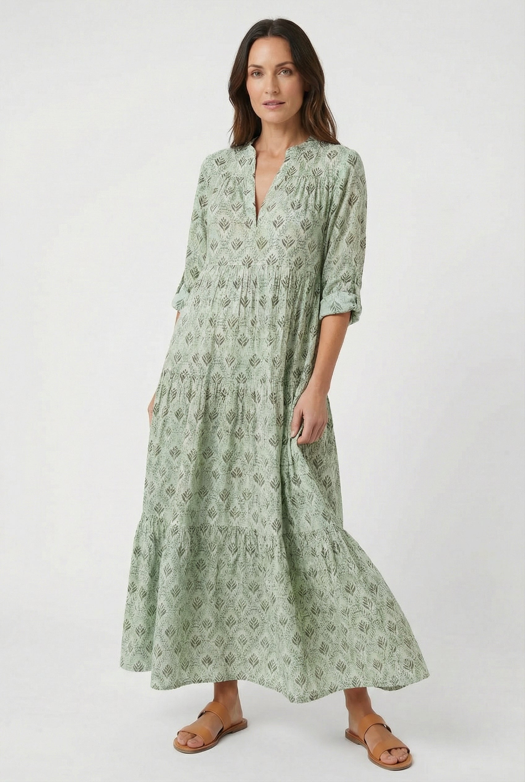 Women's Casual Dress V-Neck 3/4 Sleeve Vintage Print Cotton Summer Dress