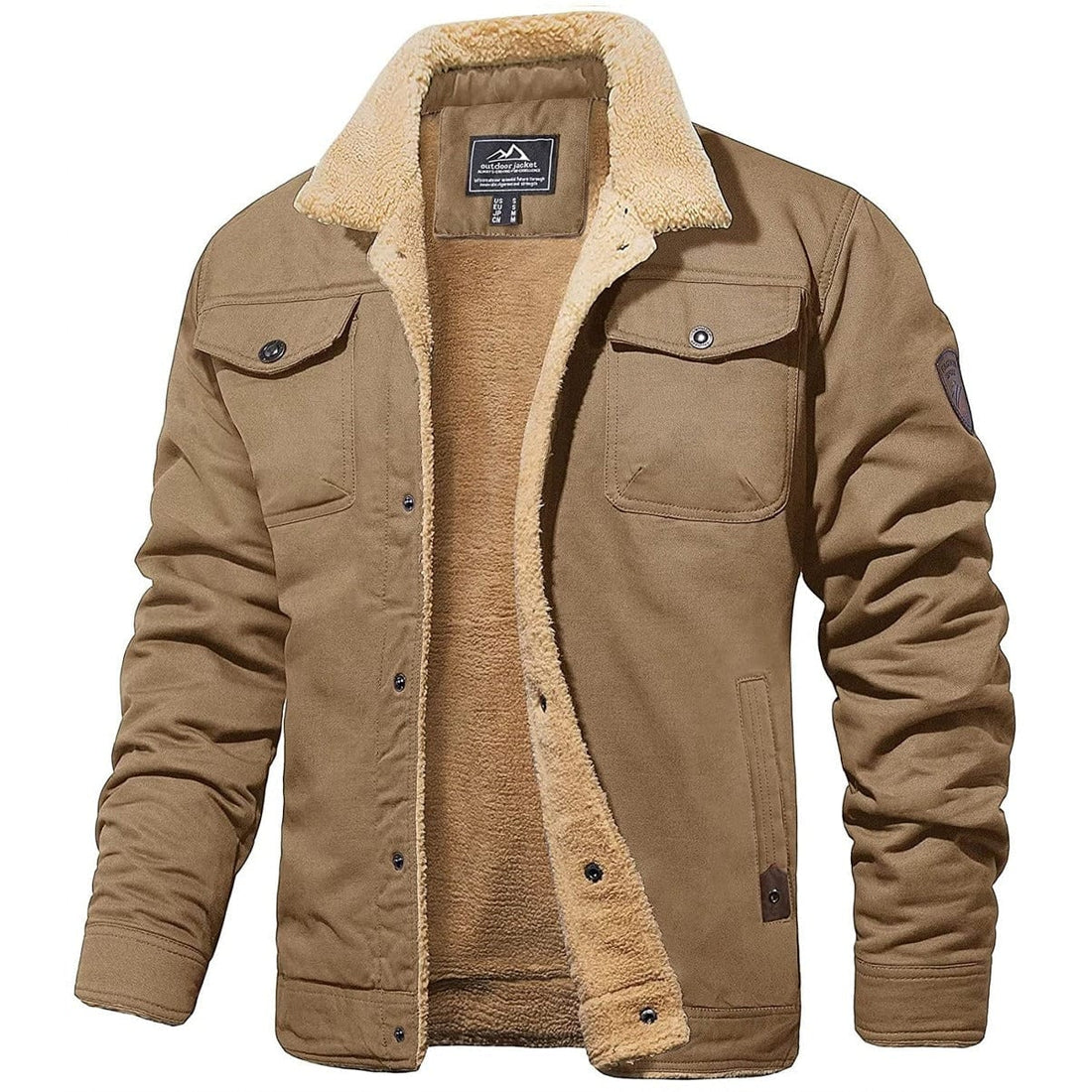 Giacca invernale da uomo marrone con fodera in pelliccia sintetica, colletto a contrasto, tasche frontali, stile casual, ideale per climi freddi.