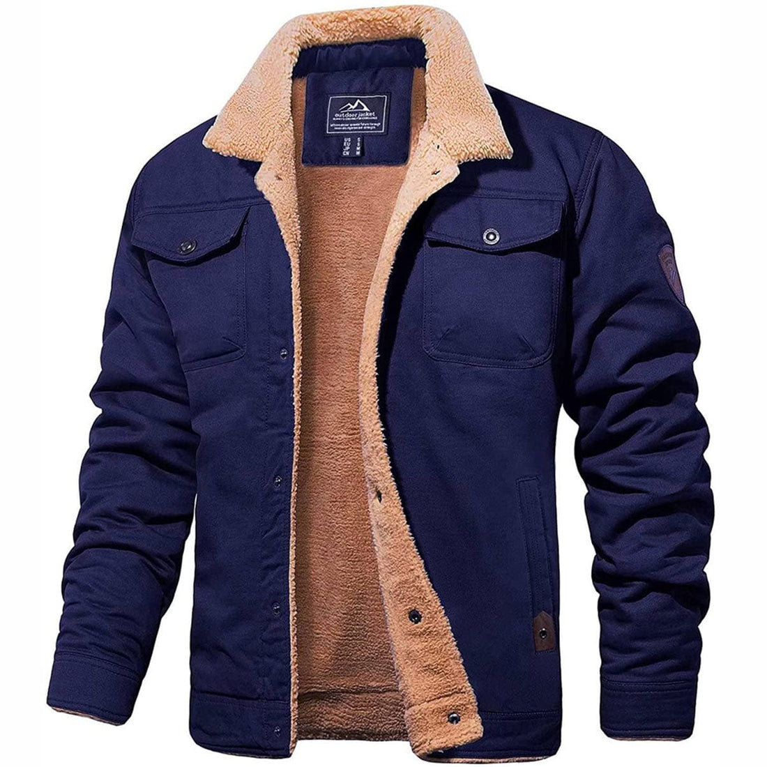 Giacca invernale uomo blu con fodera in pelliccia sintetica marrone, colletto a contrasto, tasche frontali, ideale per moda casual e protezione dal freddo.