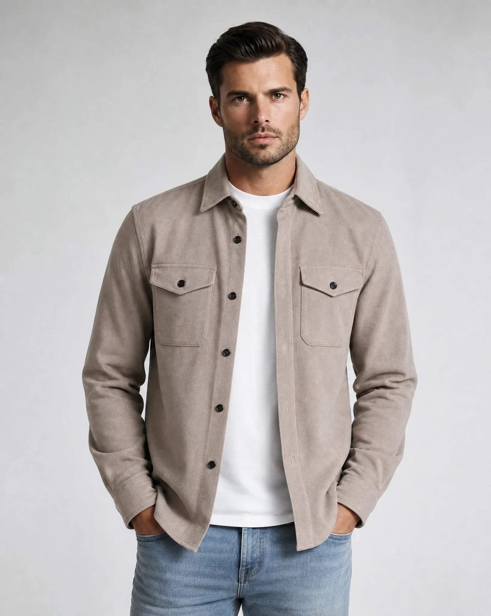 Men's light brown overshirt jacket with chest pockets, button fastening and lightweight smart-casual design by ILYNORA