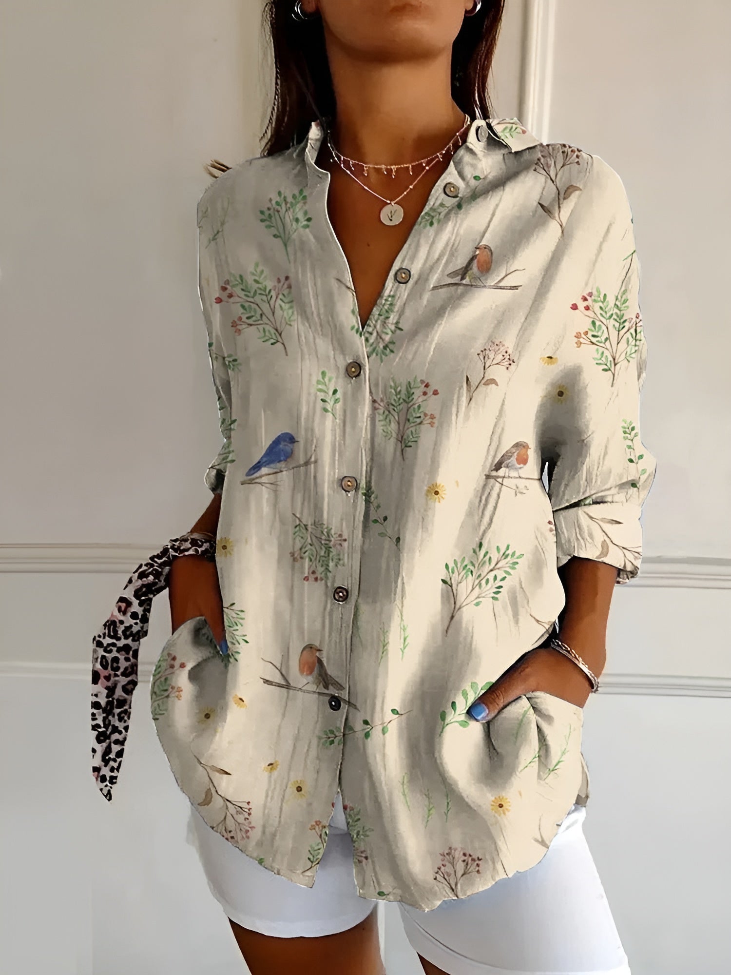 Women's Blouse Abstract Print Split Neck Long Sleeve Casual Top