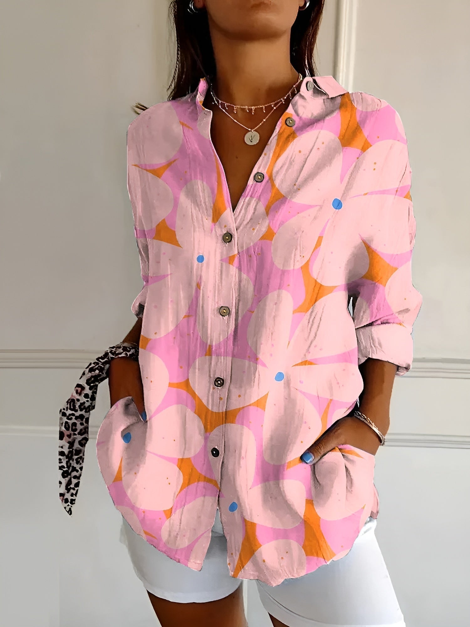 Women's Blouse Abstract Print Split Neck Long Sleeve Casual Top