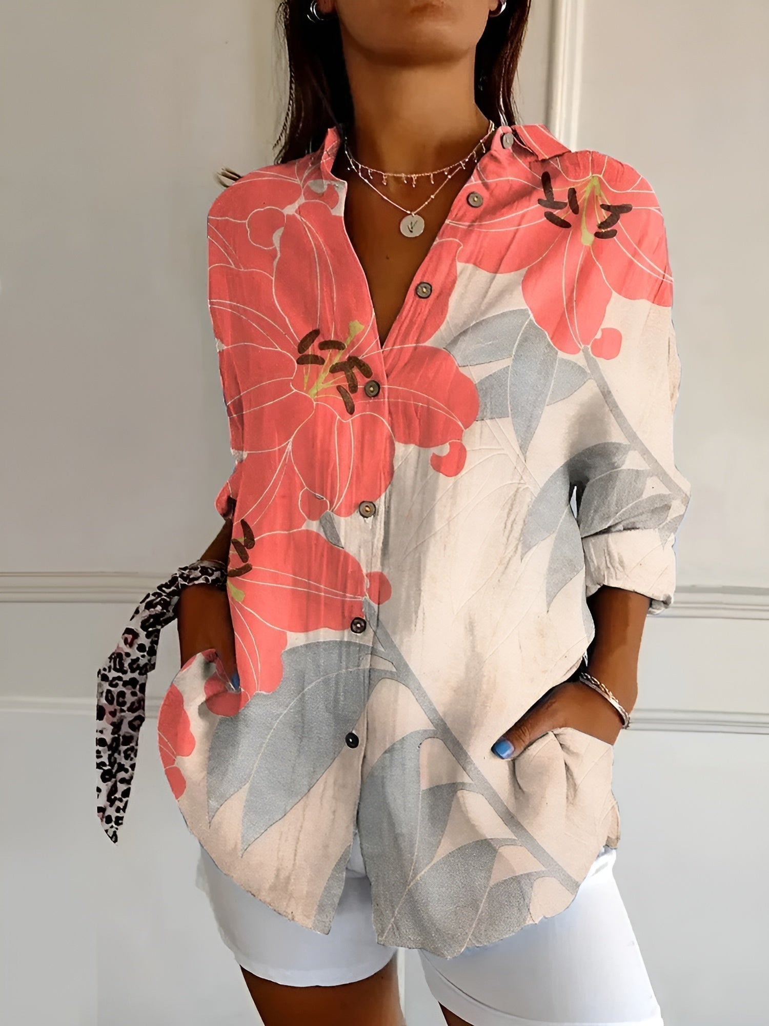 Women's Blouse Abstract Print Split Neck Long Sleeve Casual Top