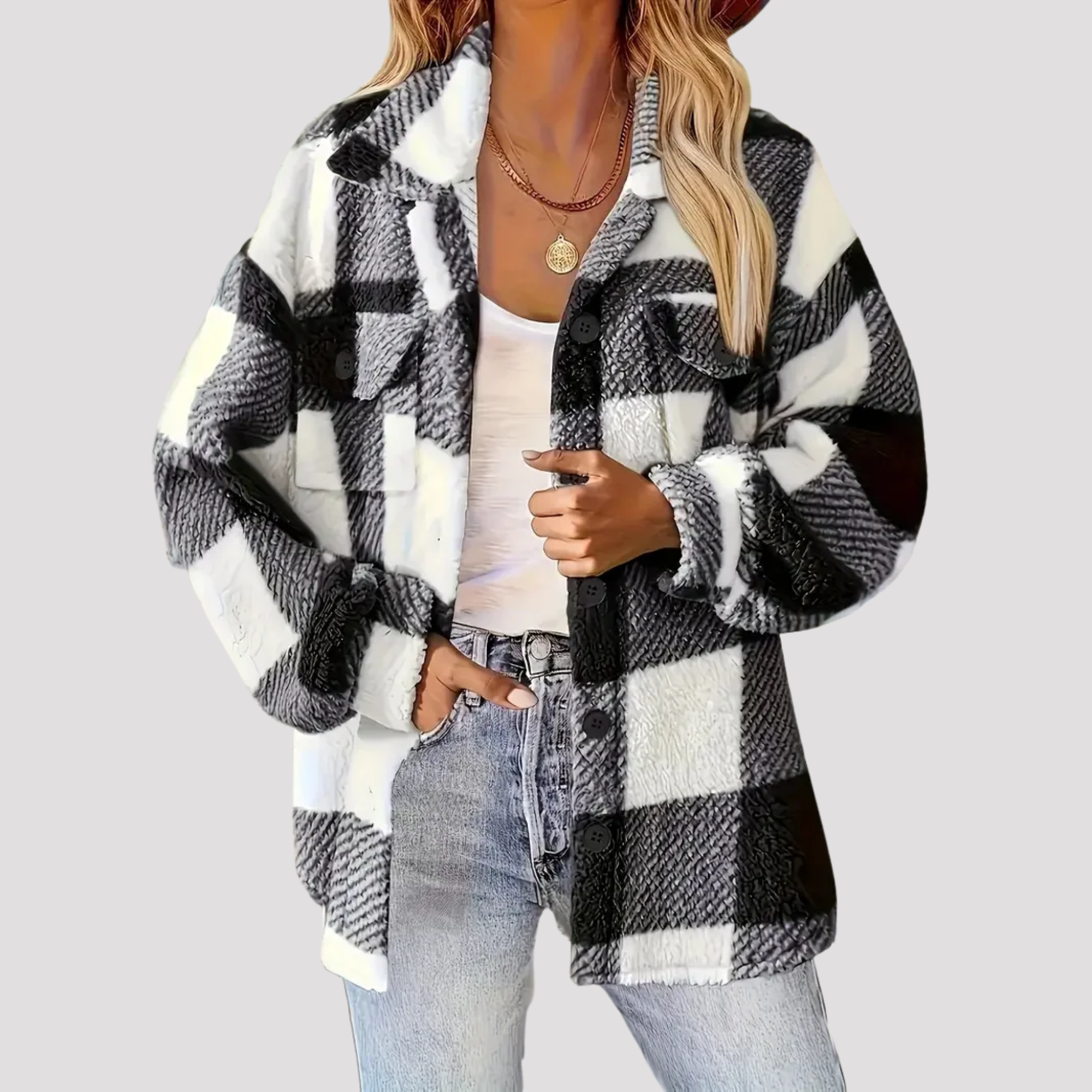 Phoebe | Women's Checkered Button Up Fleece Jacket