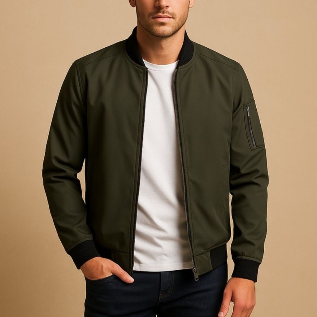 Bomber jacket with contrast rib trims and front zip fastening
