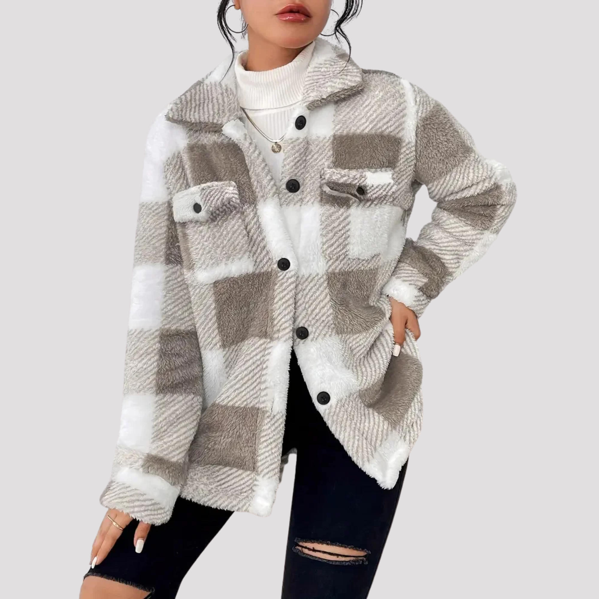 Phoebe | Women's Checkered Button Up Fleece Jacket