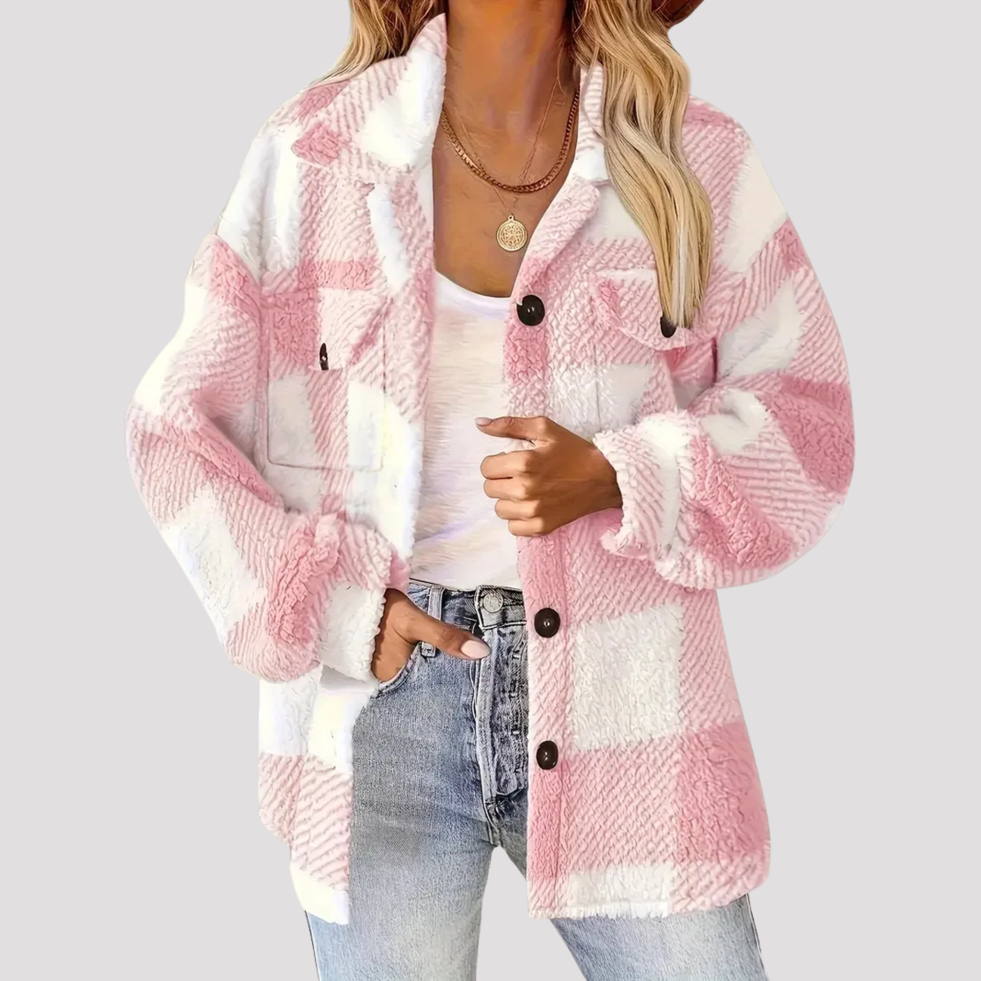 Phoebe | Women's Checkered Button Up Fleece Jacket