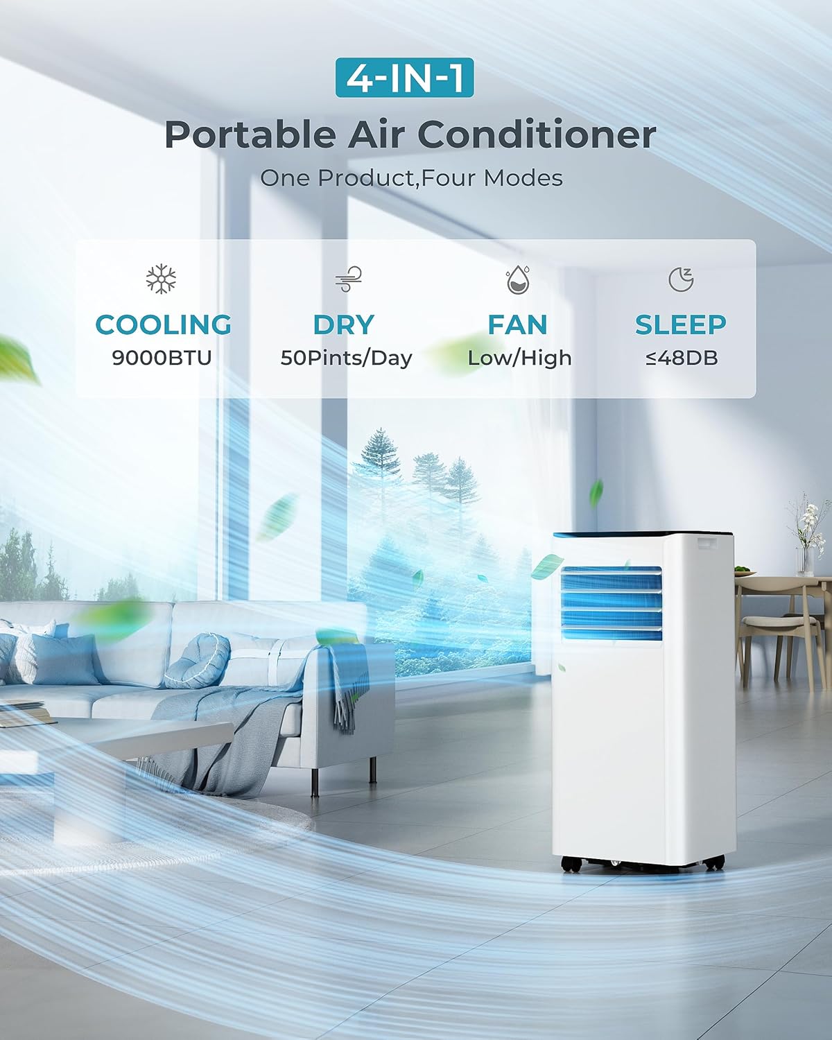 9000 BTU Portable Air Conditioner Dehumidifier Sleep Mode Remote Control