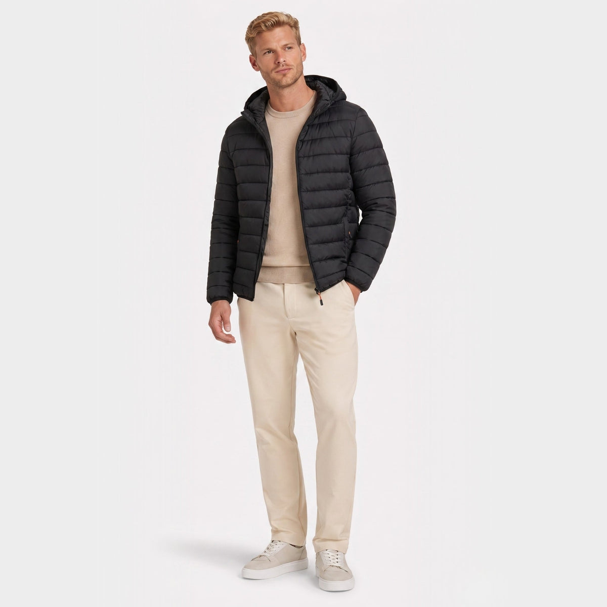 Men's Lightweight Padded Jacket Hooded Zip-Up Regular Fit