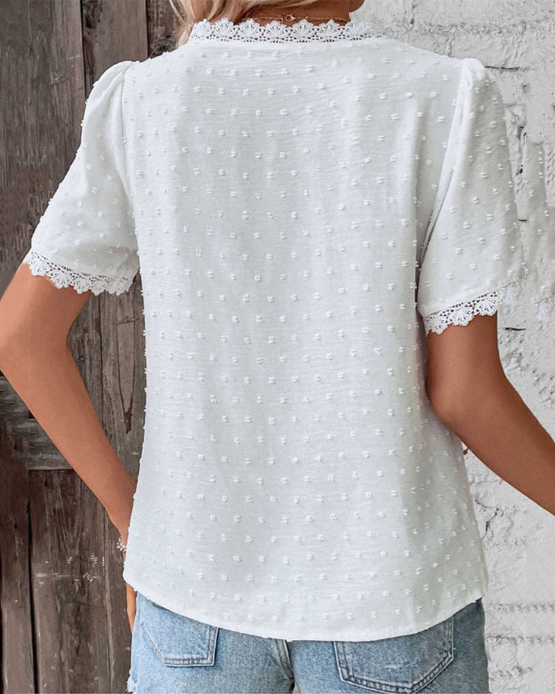Women's Blouse Bohemian Lace Trim V-Neck Swiss Dot Texture