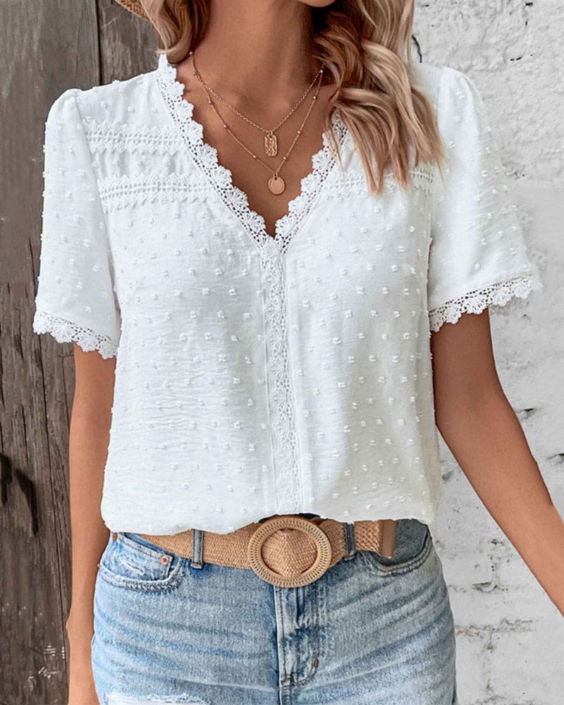 Women's Blouse Bohemian Lace Trim V-Neck Swiss Dot Texture