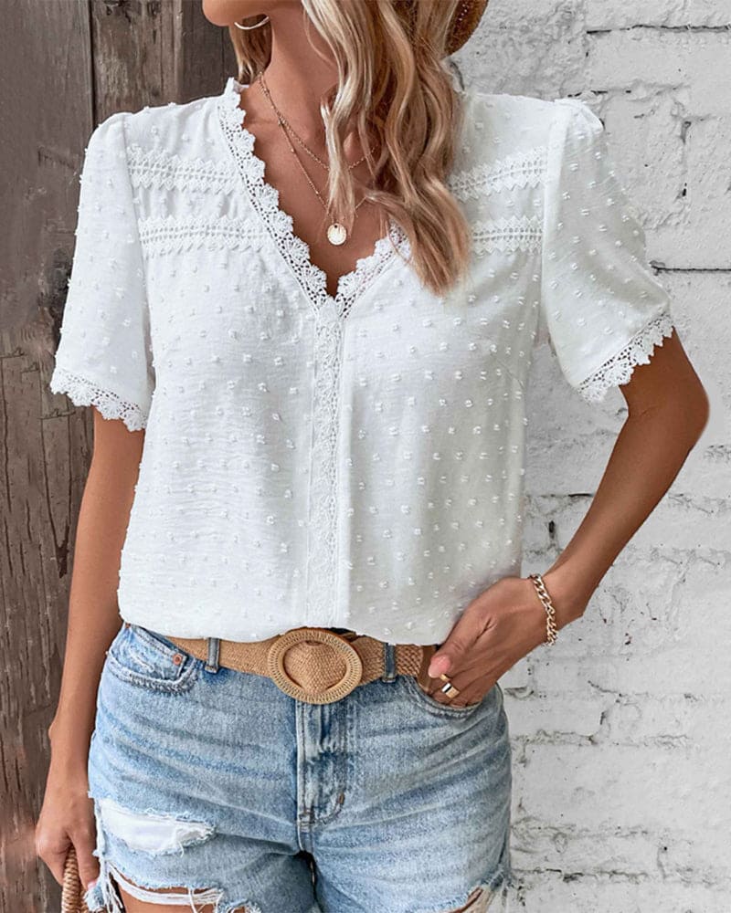 Women's Blouse Bohemian Lace Trim V-Neck Swiss Dot Texture