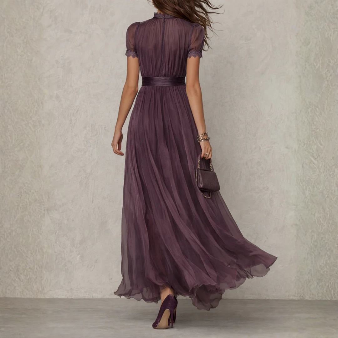Women's Chiffon Maxi Dress Lace Trim V-Neck Sleeveless Summer Evening Wear