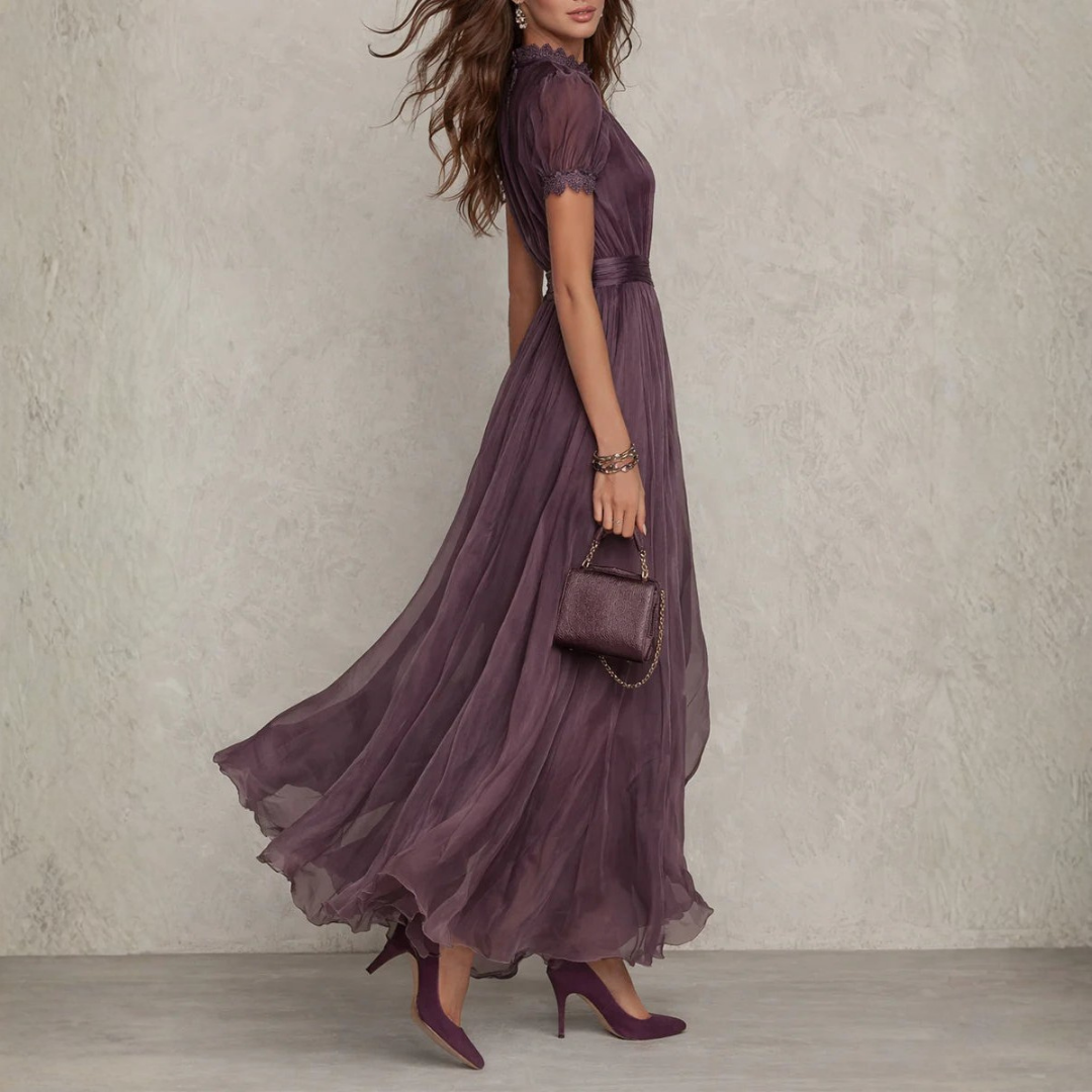 Women's Chiffon Maxi Dress Lace Trim V-Neck Sleeveless Summer Evening Wear