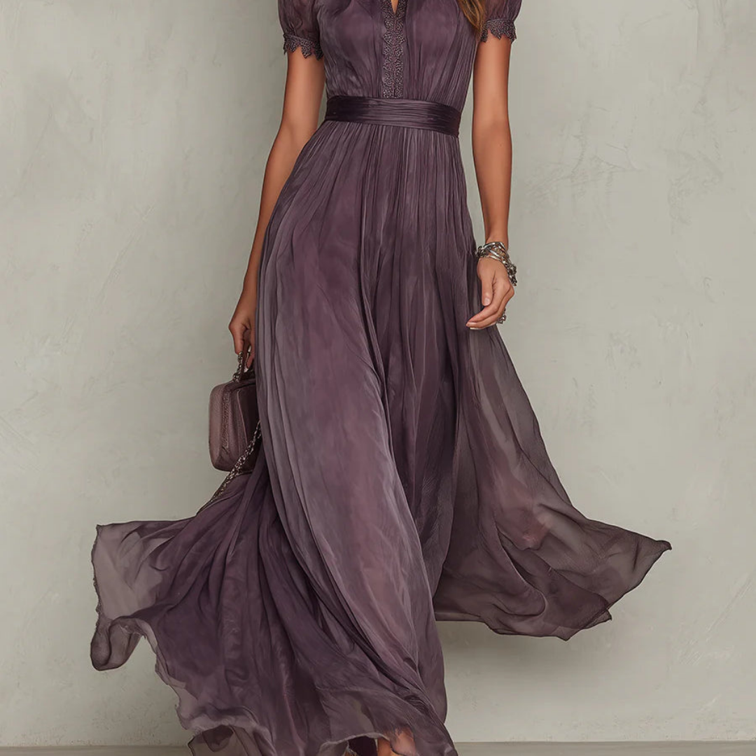 Women's Chiffon Maxi Dress Lace Trim V-Neck Sleeveless Summer Evening Wear