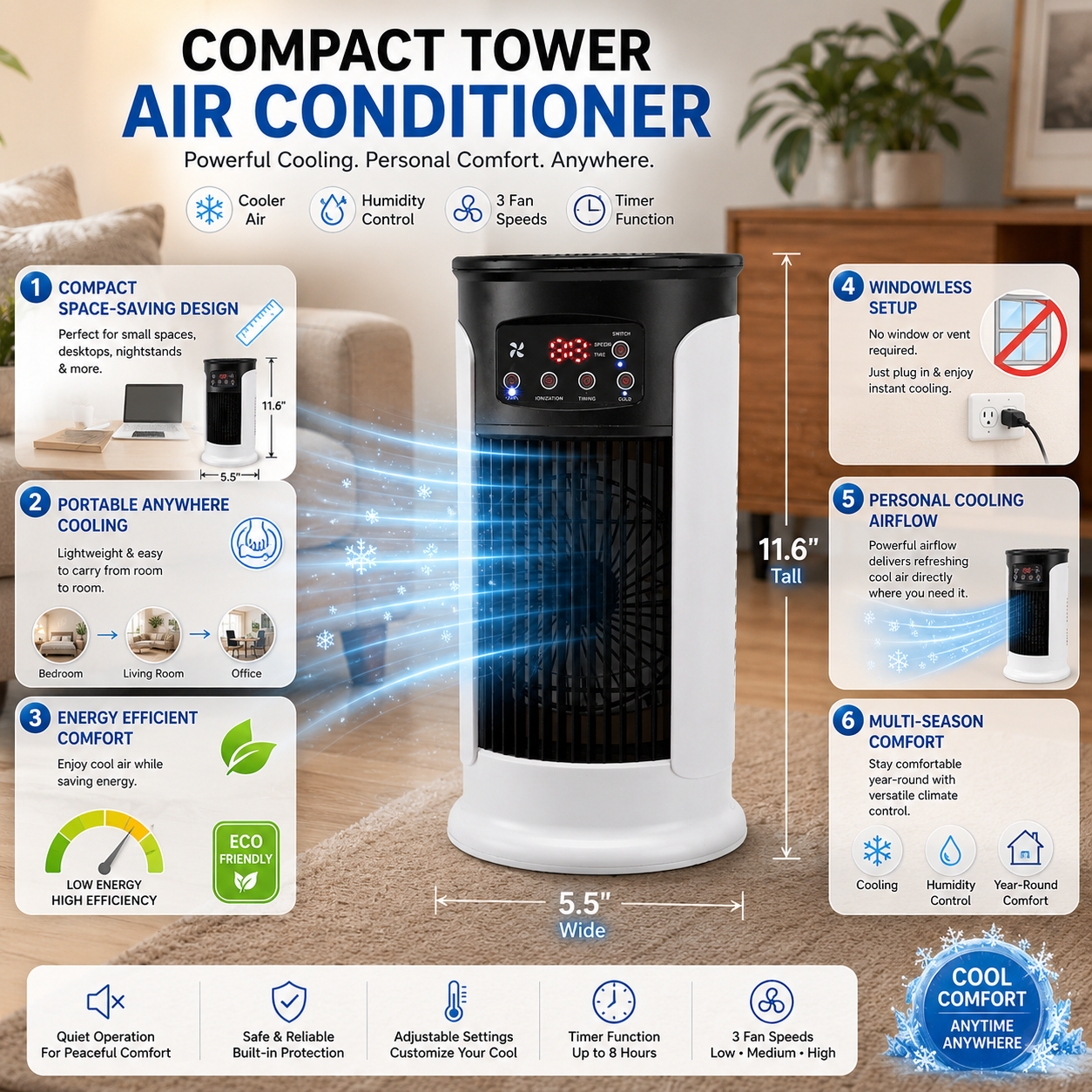 Portable Air Conditioner Compact Evaporative Cooling Energy Efficient
