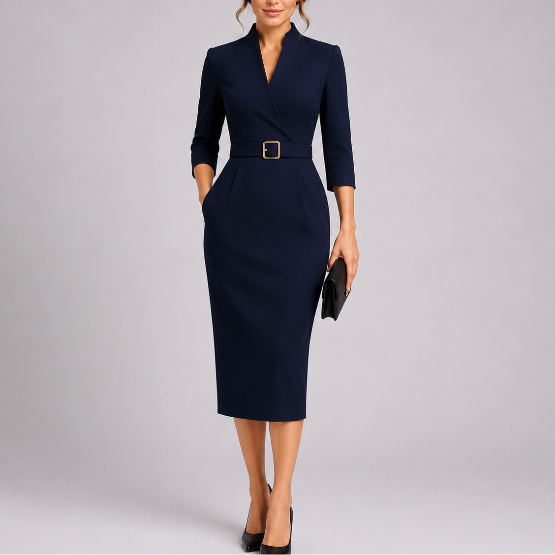 Women's Fitted Midi Dress Belted V-Neck Short Sleeve Casual