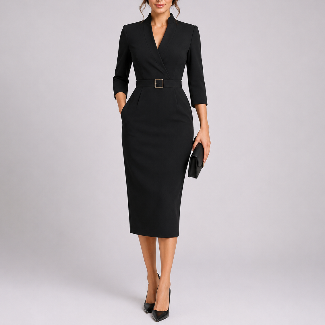 Women's Fitted Midi Dress Belted V-Neck Short Sleeve Casual