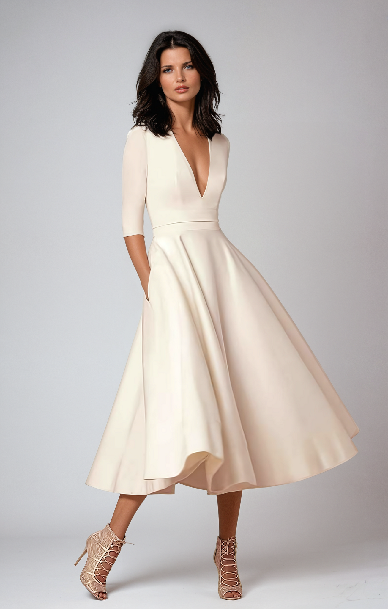 Women's Flared Midi Dress | V-Neck, Short Sleeve, A-Line Silhouette