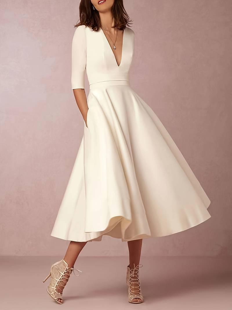 Women's Flared Midi Dress | V-Neck, Short Sleeve, A-Line Silhouette
