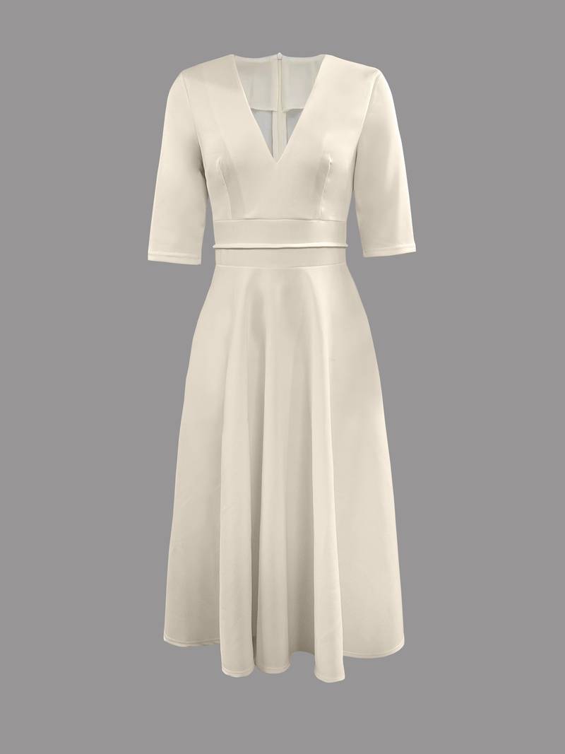Women's Flared Midi Dress | V-Neck, Short Sleeve, A-Line Silhouette