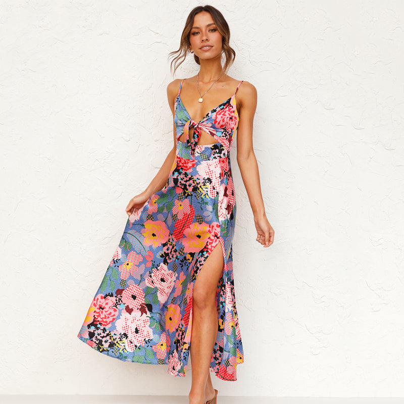 Women's Floral Maxi Dress Strappy Neckline Long Sleeve Casual