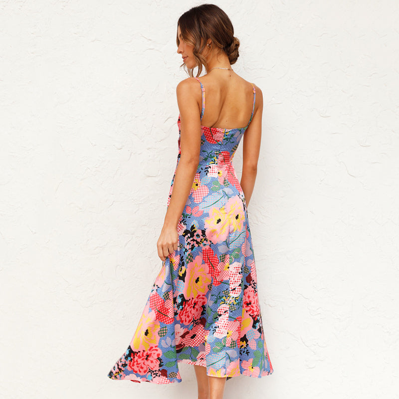 Women's Floral Maxi Dress Strappy Neckline Long Sleeve Casual
