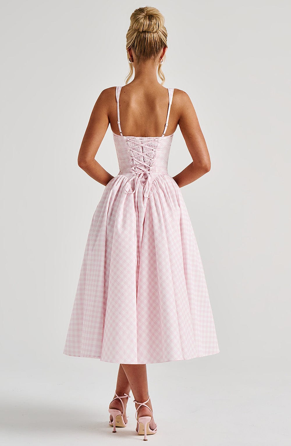 Women's Gingham Midi Dress Fitted Bodice Sleeveless Casual