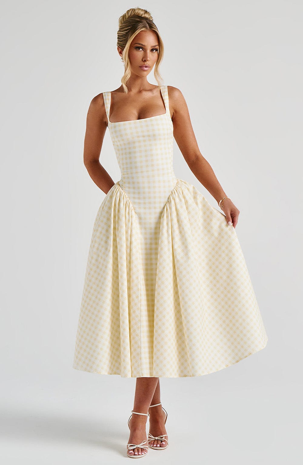 Women's Gingham Midi Dress Fitted Bodice Sleeveless Casual