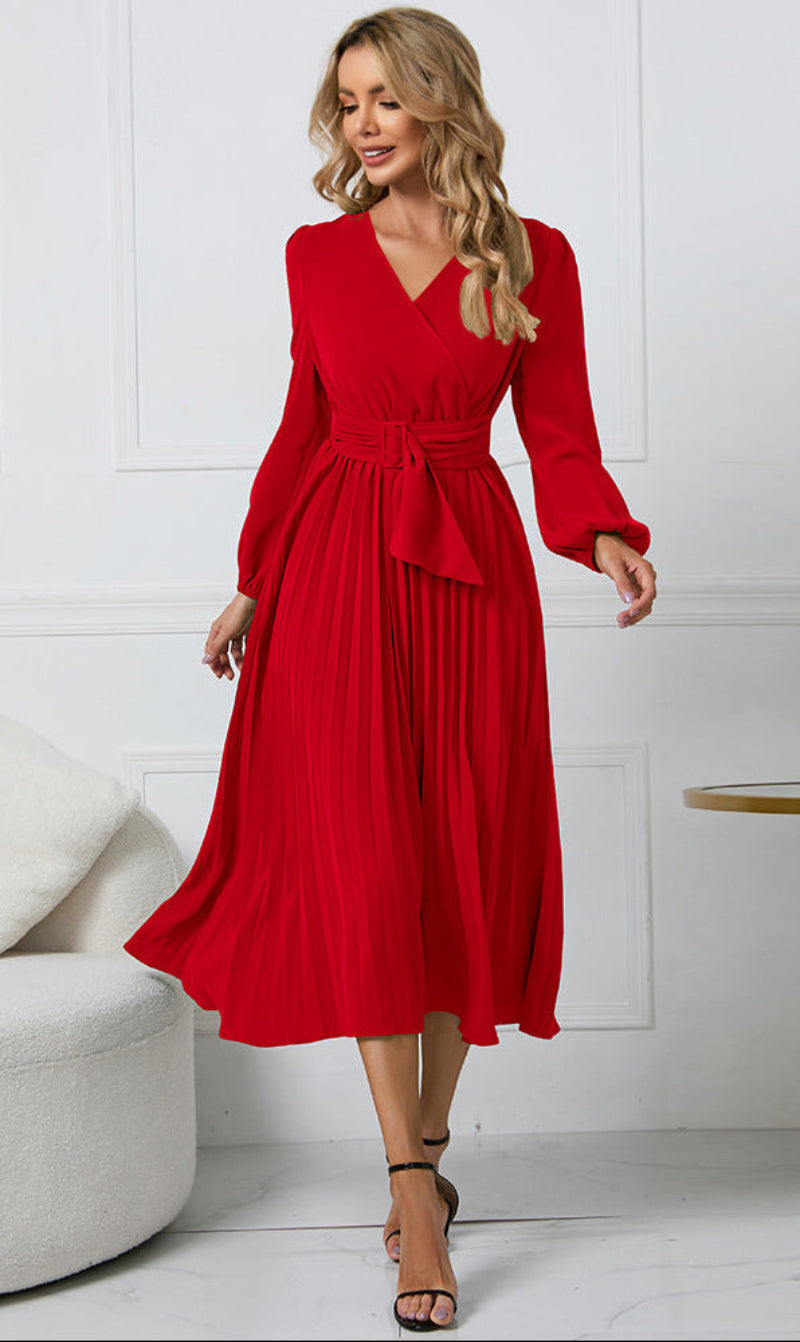 Women's Midi Formal Dress Long Sleeve V-Neck