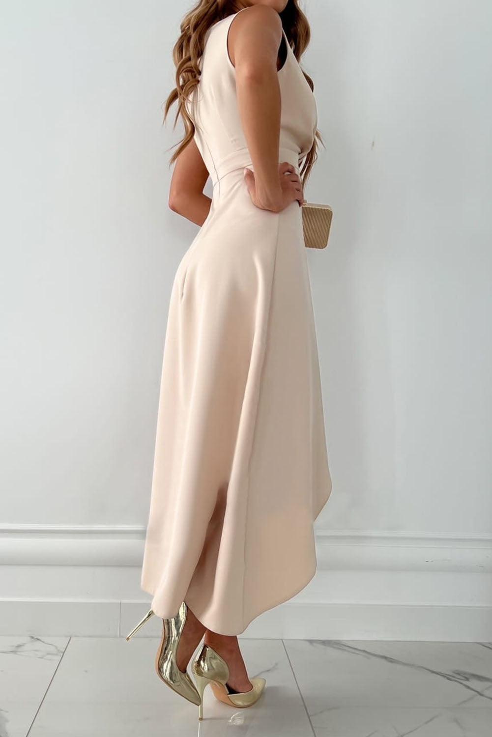 Women's Midi Wrap Dress Asymmetric Hem V-Neck Casual
